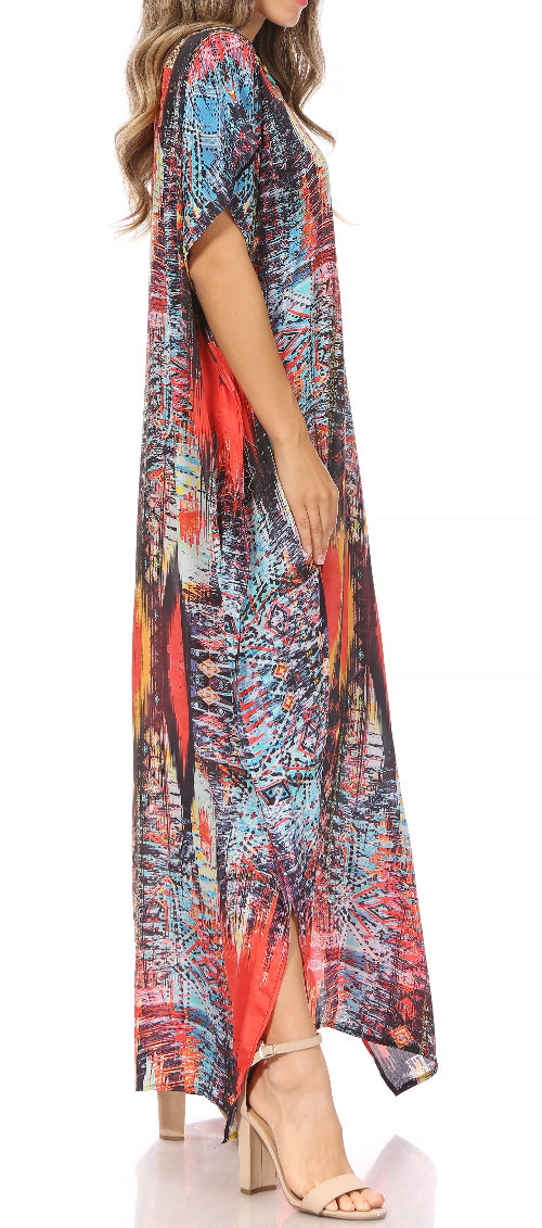 Woman wearing a colorful patterned dress on a white background