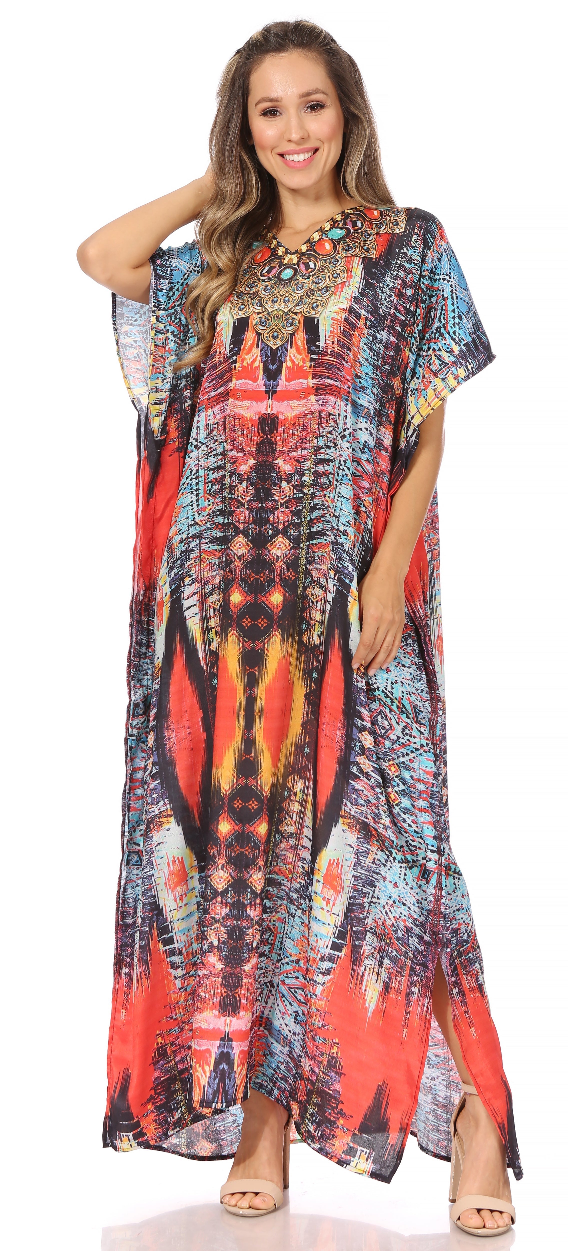 Woman wearing a colorful patterned dress on a white background