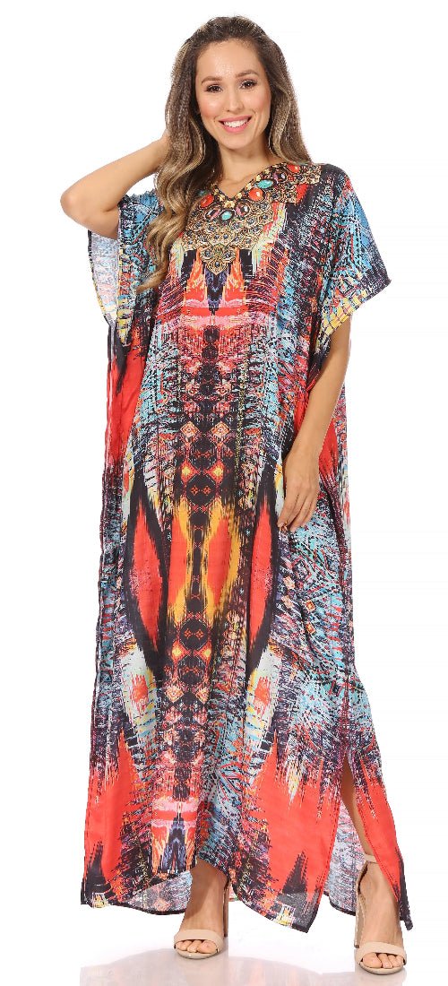 Woman wearing a colorful patterned dress on a white background