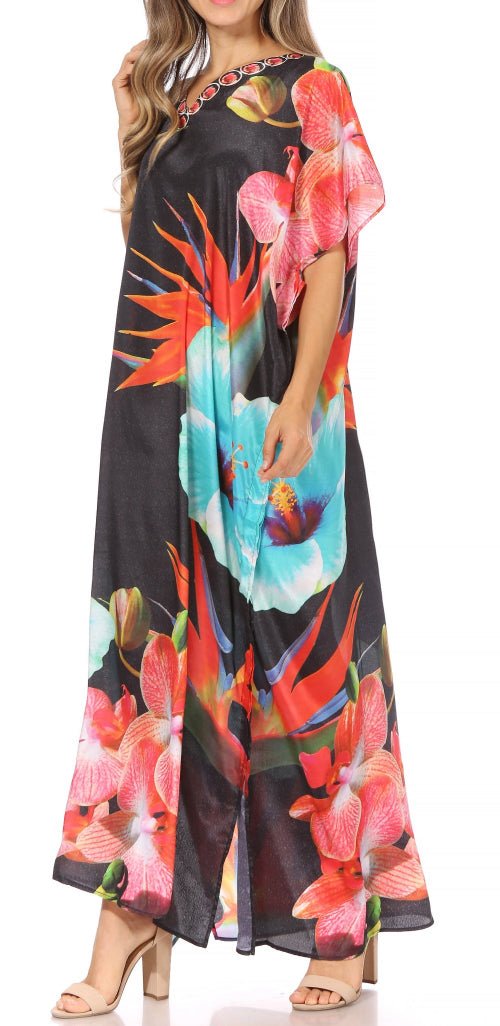 Woman wearing a colorful floral dress on a white background