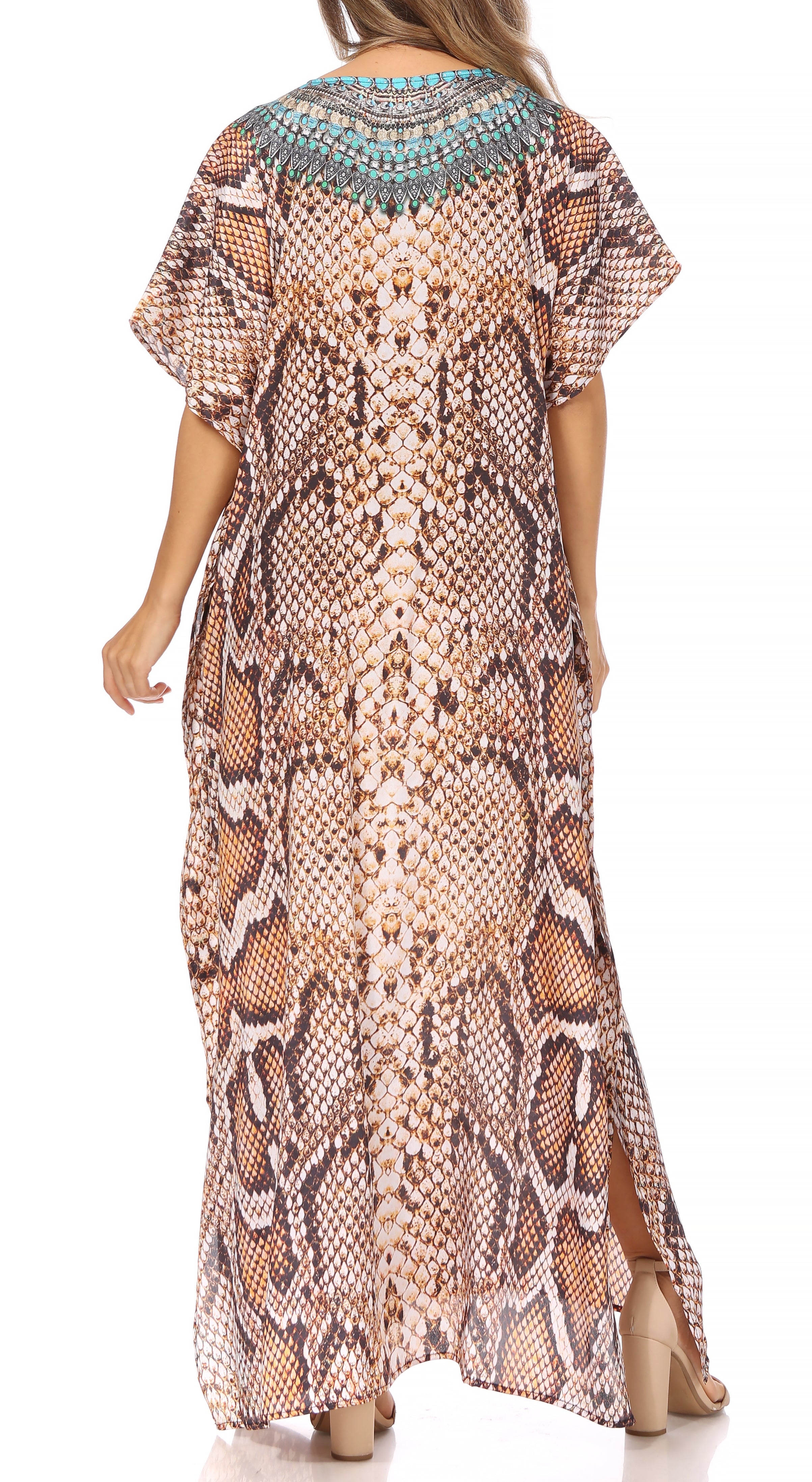 Long snake print dress with a slit on a white background