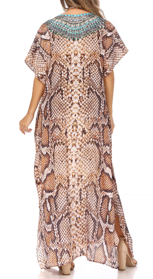 Long snake print dress with a slit on a white background