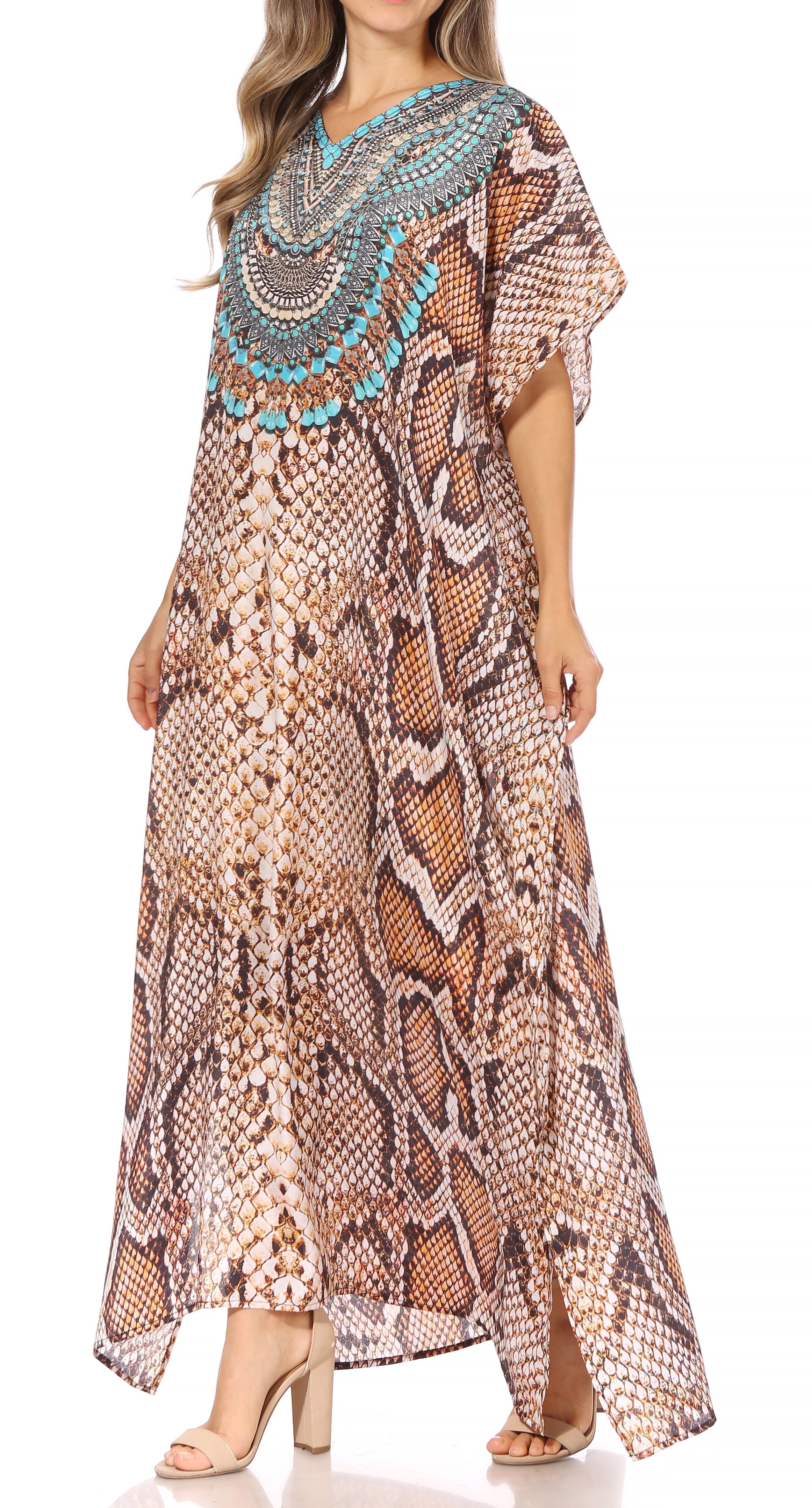Woman wearing a patterned dress with a snake print on a white background