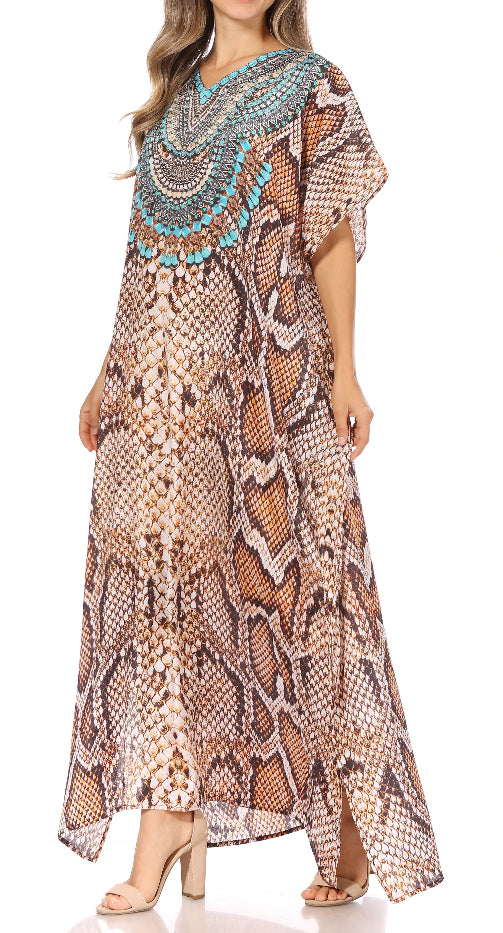 Woman wearing a patterned dress with a snake print on a white background