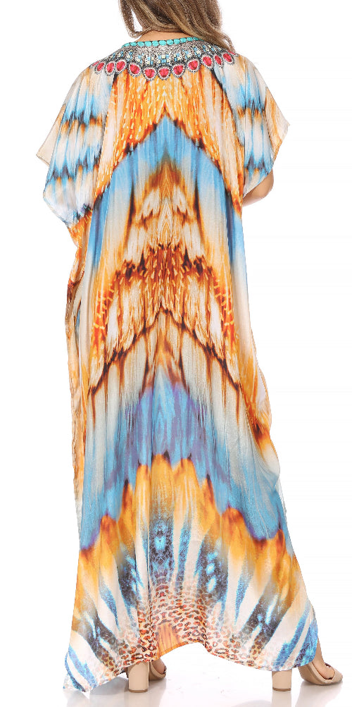 Long, tie-dye dress with colorful pattern on a white background