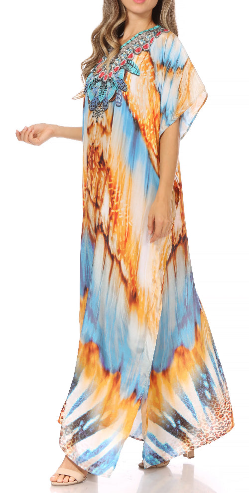 Woman wearing a colorful tie-dye dress with a white background
