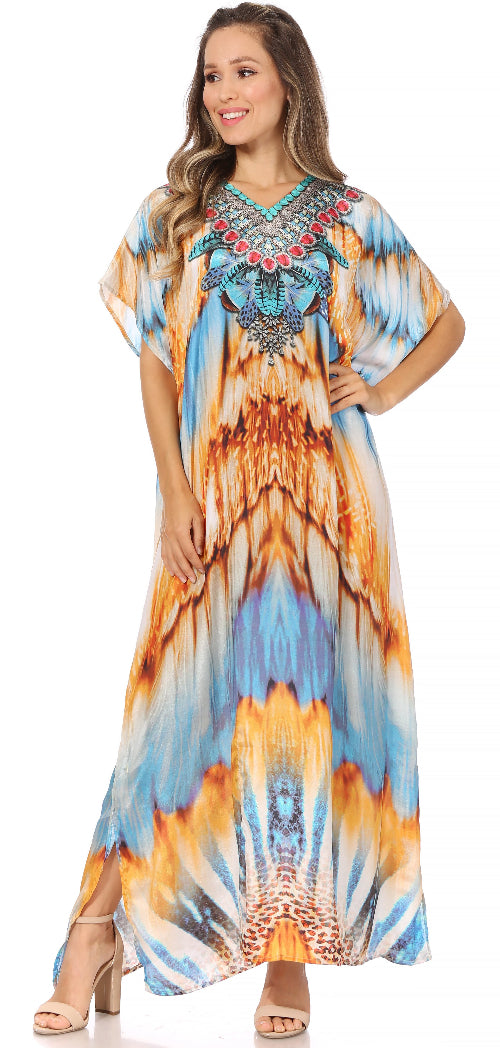 Woman wearing a tie-dye dress with intricate patterns on a white background