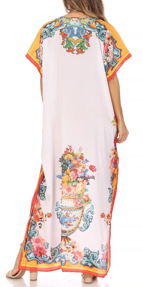 Long dress with colorful floral patterns on a white background