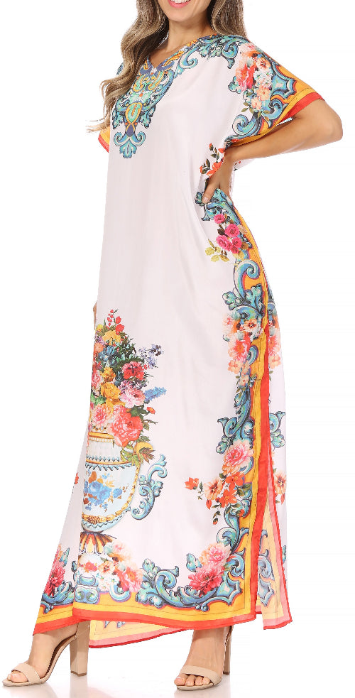 Woman wearing a colorful floral dress with a white background