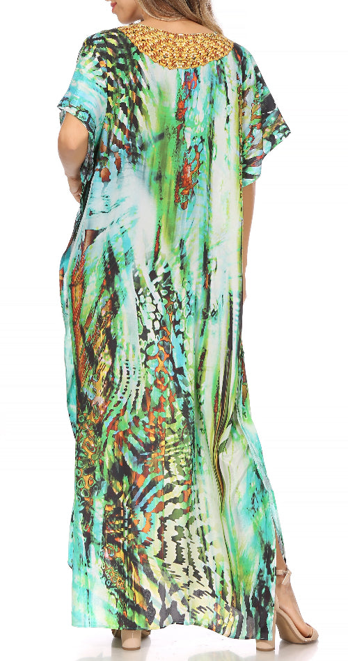 Colorful patterned dress worn by a person on a white background