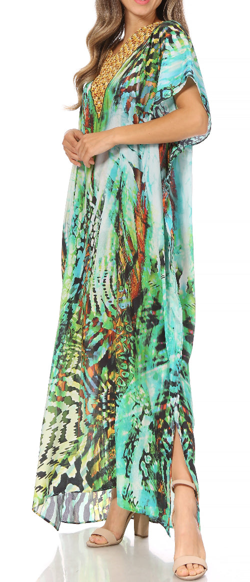 Woman wearing a colorful patterned dress with a blurred background