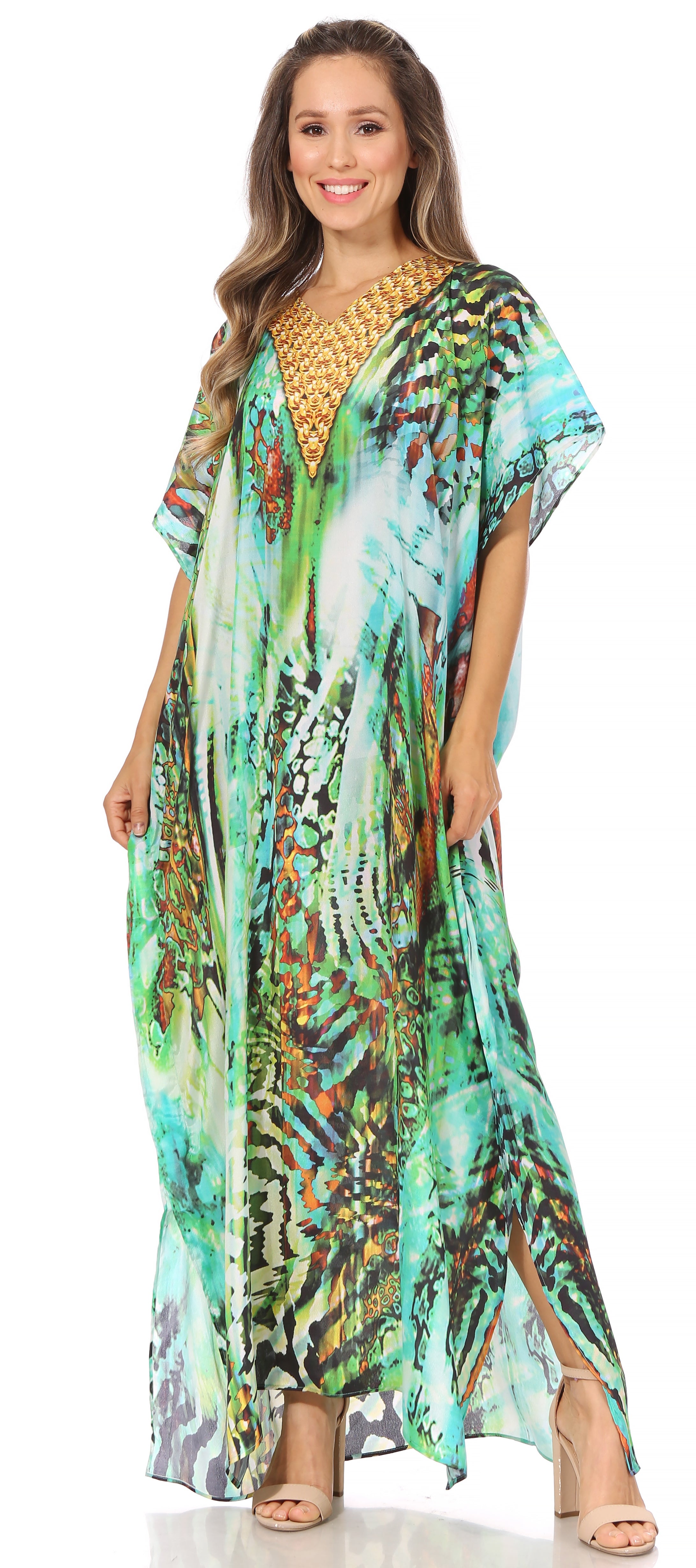 Woman wearing a colorful patterned dress on a white background
