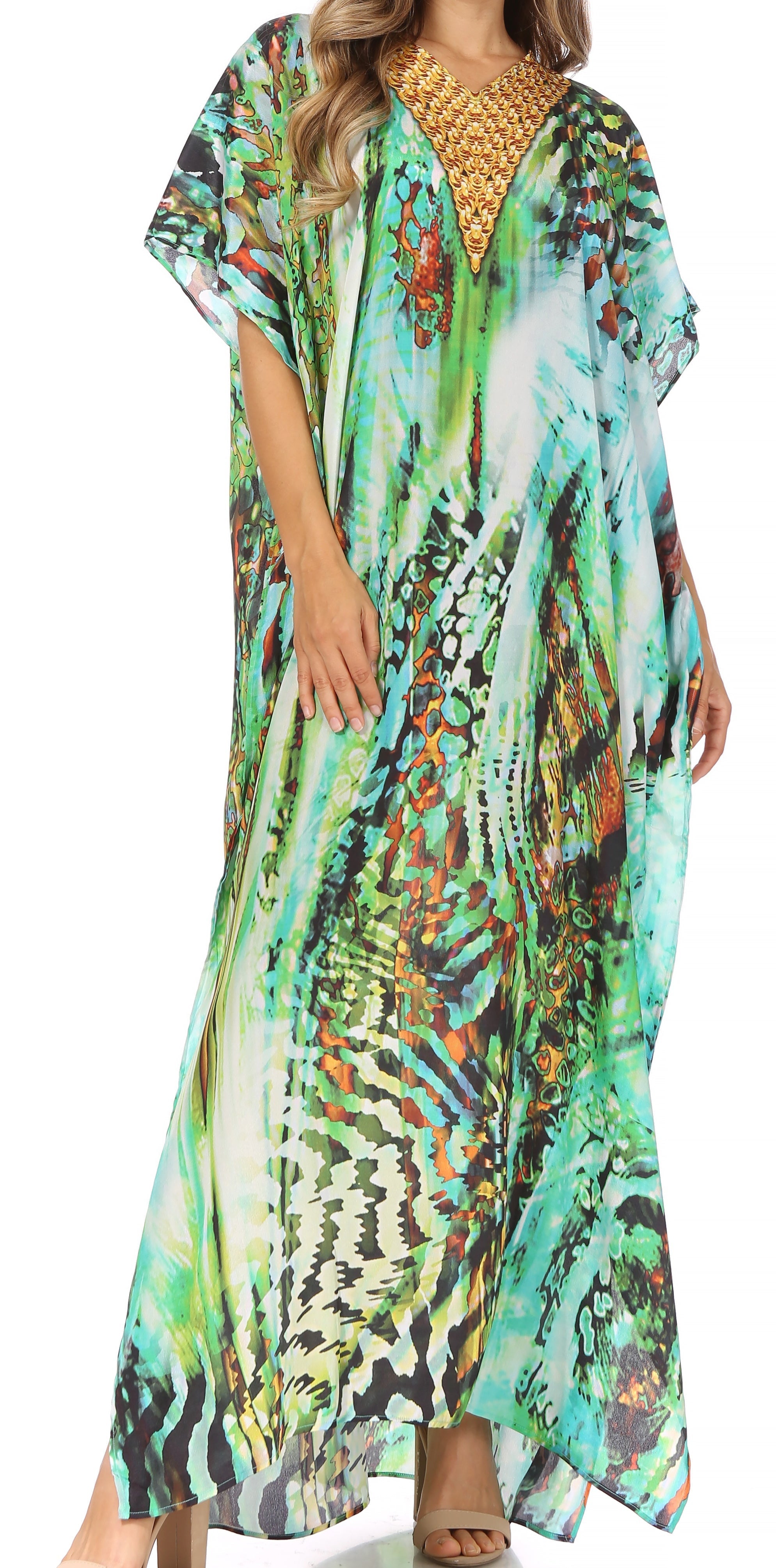 Woman wearing a colorful patterned dress on a white background