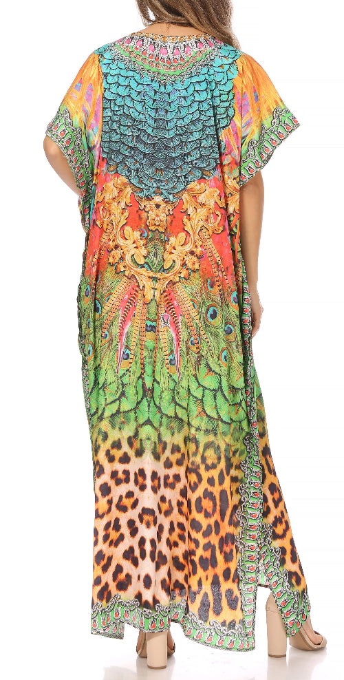 Colorful patterned dress with peacock and leopard print on a white background