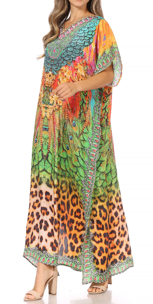 Colorful dress with leopard print and floral patterns on a white background