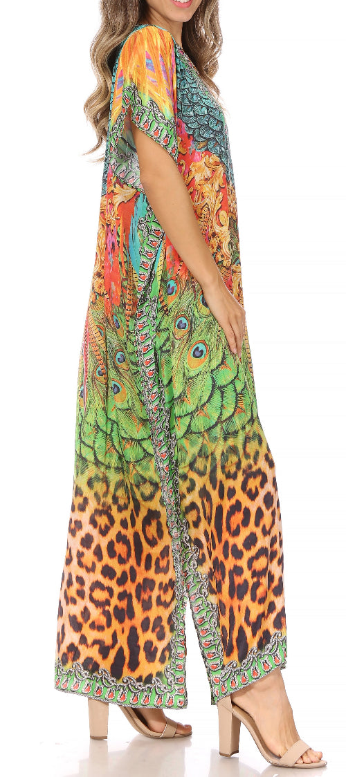 Colorful patterned dress with leopard print and geometric designs on a white background