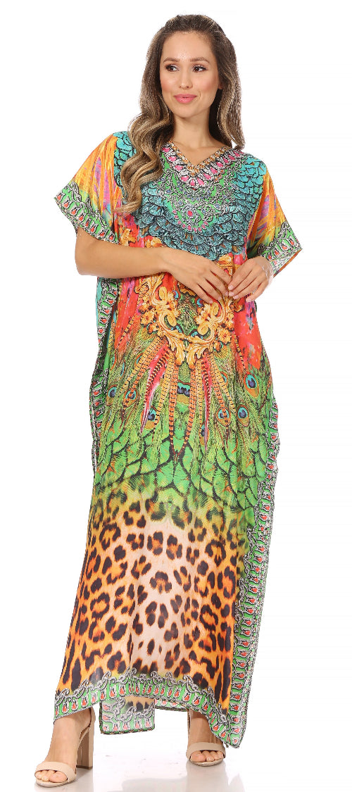 Woman wearing a colorful dress with a patterned design