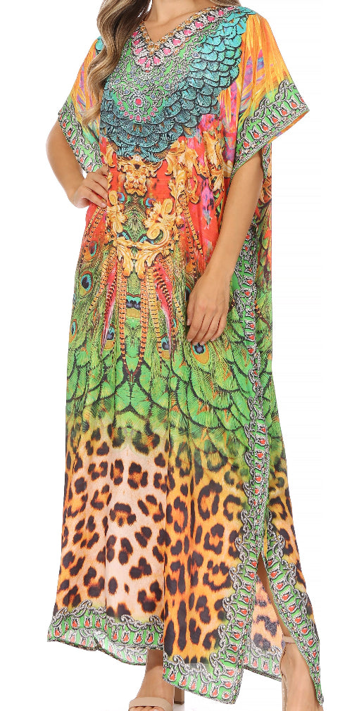 Colorful patterned dress with peacock and leopard print on a white background