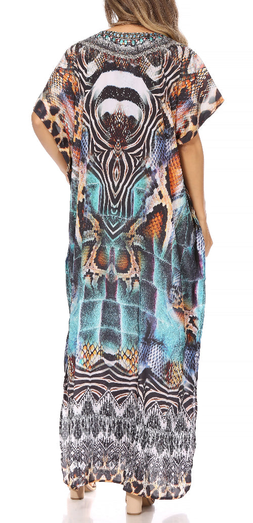 Multicolored patterned dress worn by a person on a white background