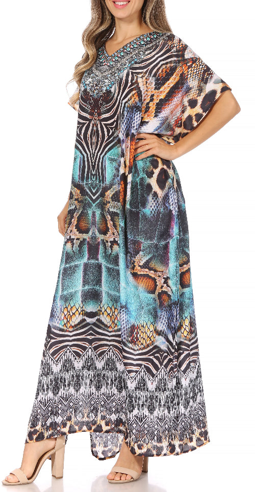 Woman wearing a long, patterned dress on a white background