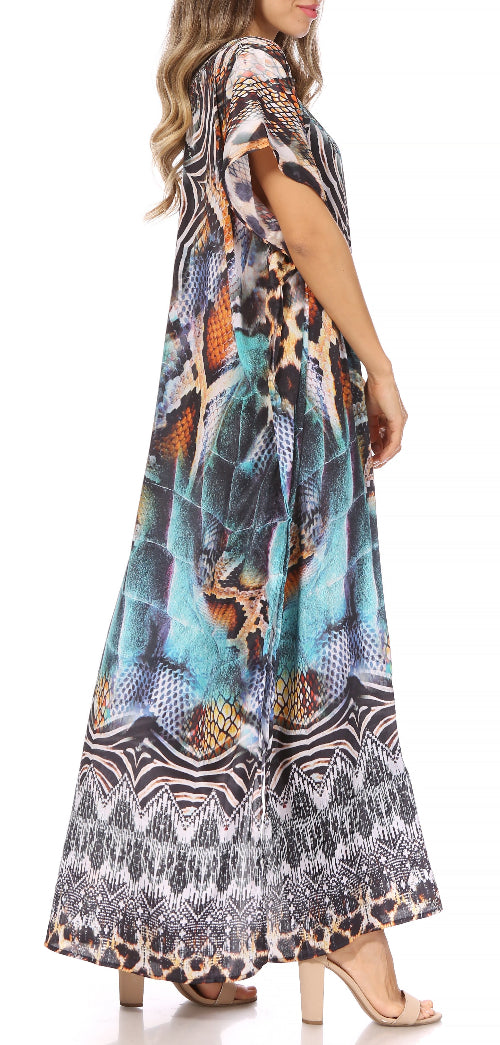 Long, patterned dress worn by a model on a white background