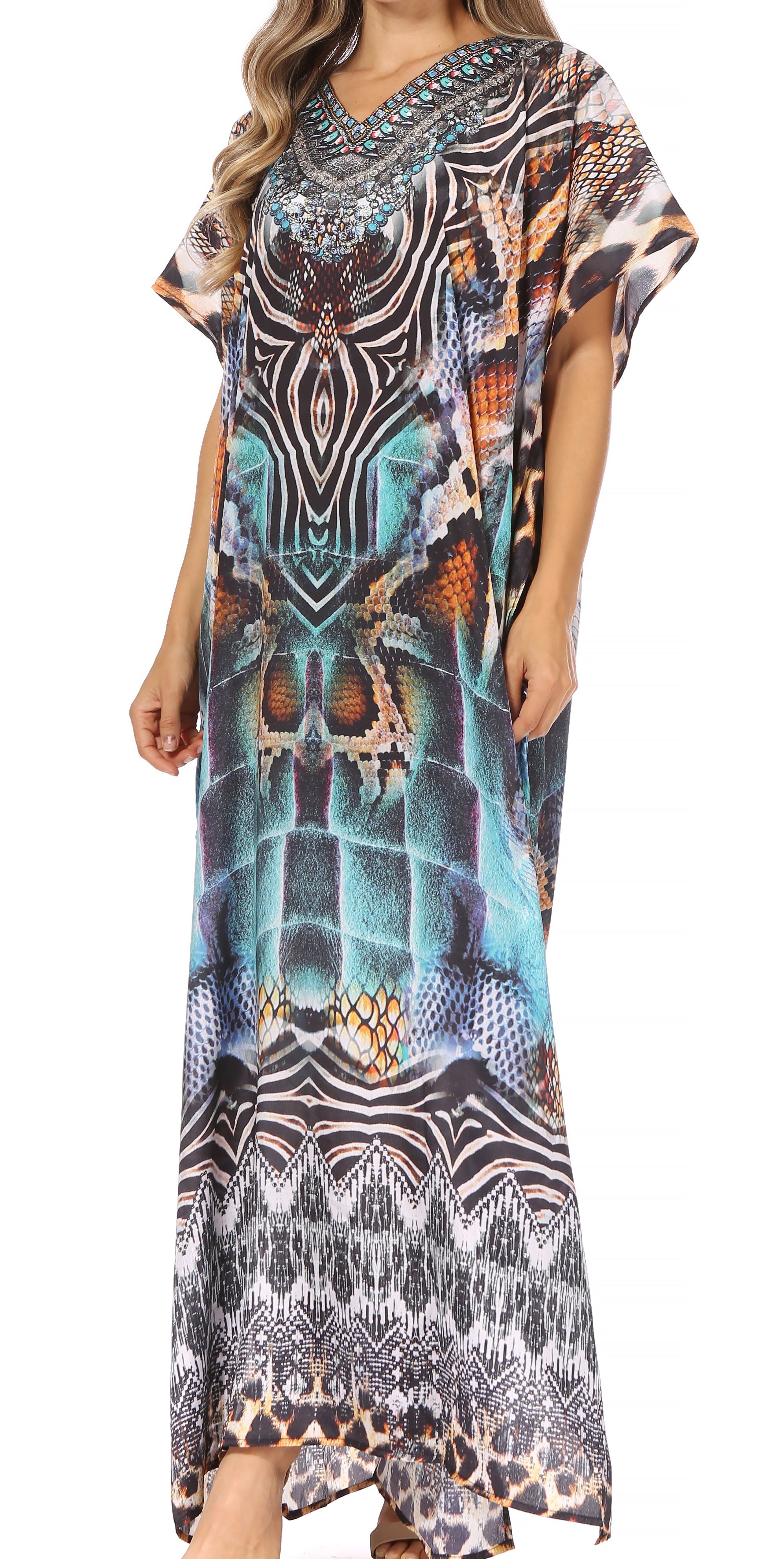 Long, patterned dress worn by a person on a white background
