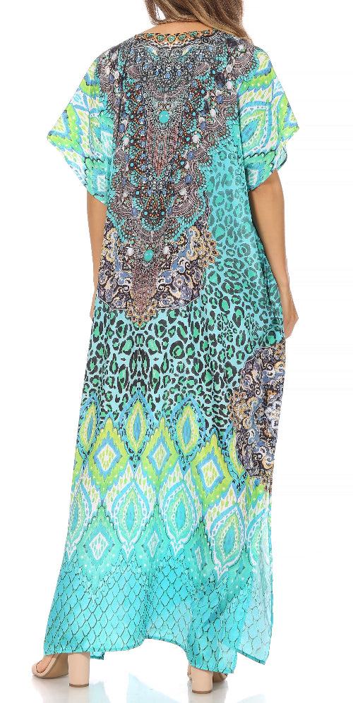 Long, patterned dress with a mix of geometric and animal print designs.