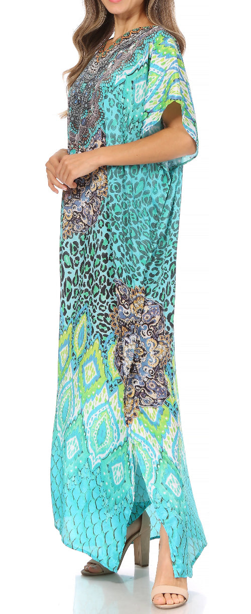 Woman wearing a colorful patterned dress on a white background