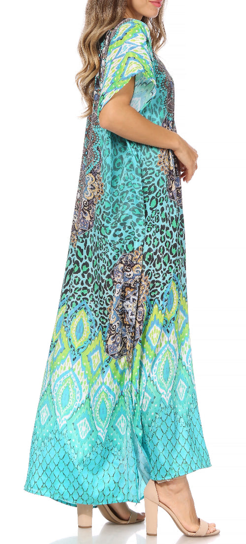 Long dress with a colorful pattern on a white background