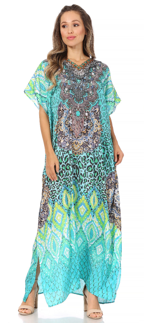 Woman wearing a long, patterned dress with a white background