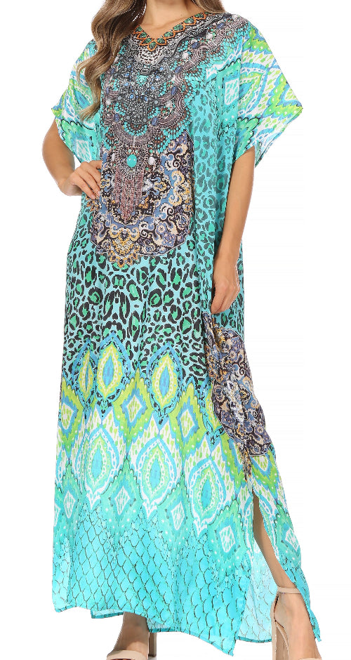 Long, patterned dress with a mix of geometric and animal print designs on a white background.