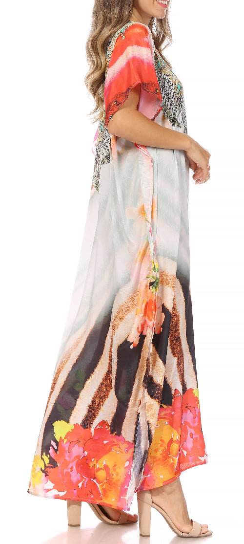 Woman wearing a colorful floral dress on a white background