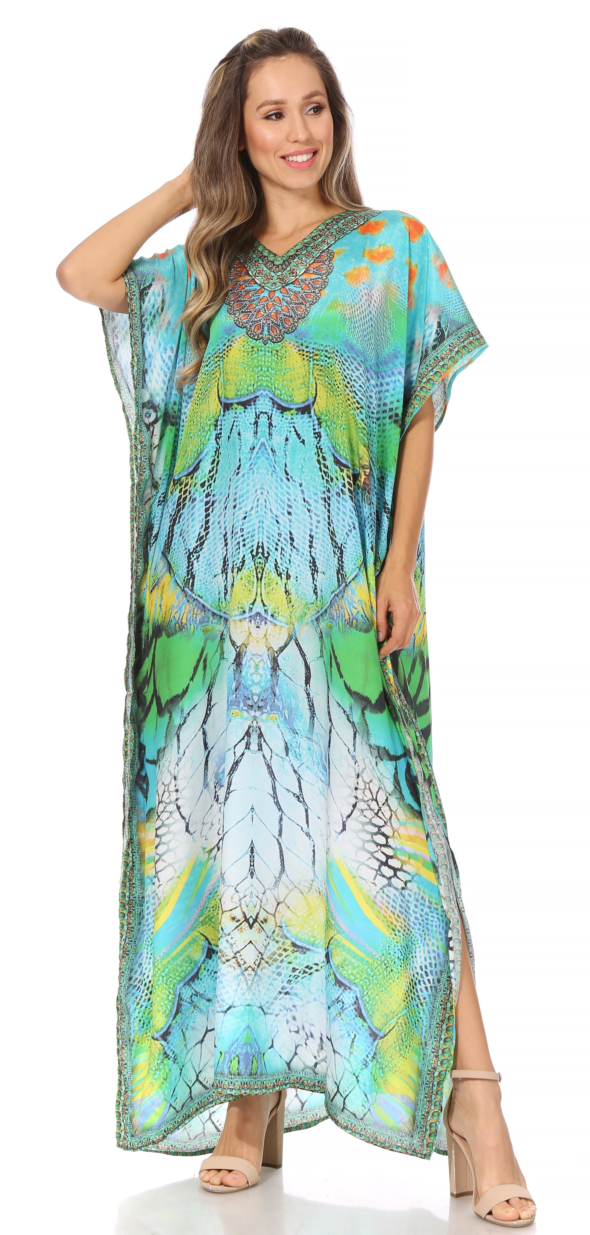 Woman wearing a colorful patterned dress on a white background