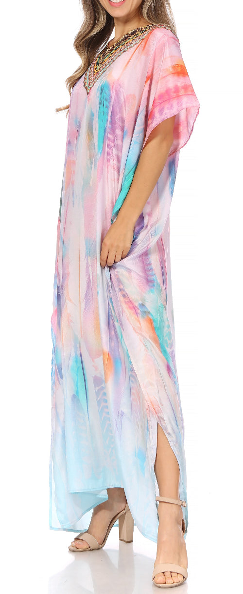 Multicolored dress with a slit on a white background