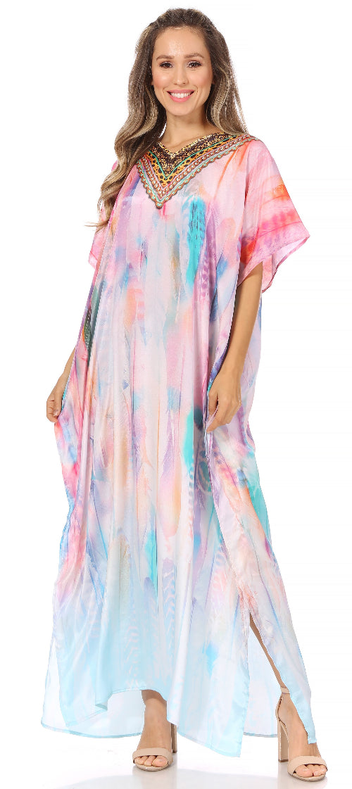 Woman wearing a colorful dress with a white background