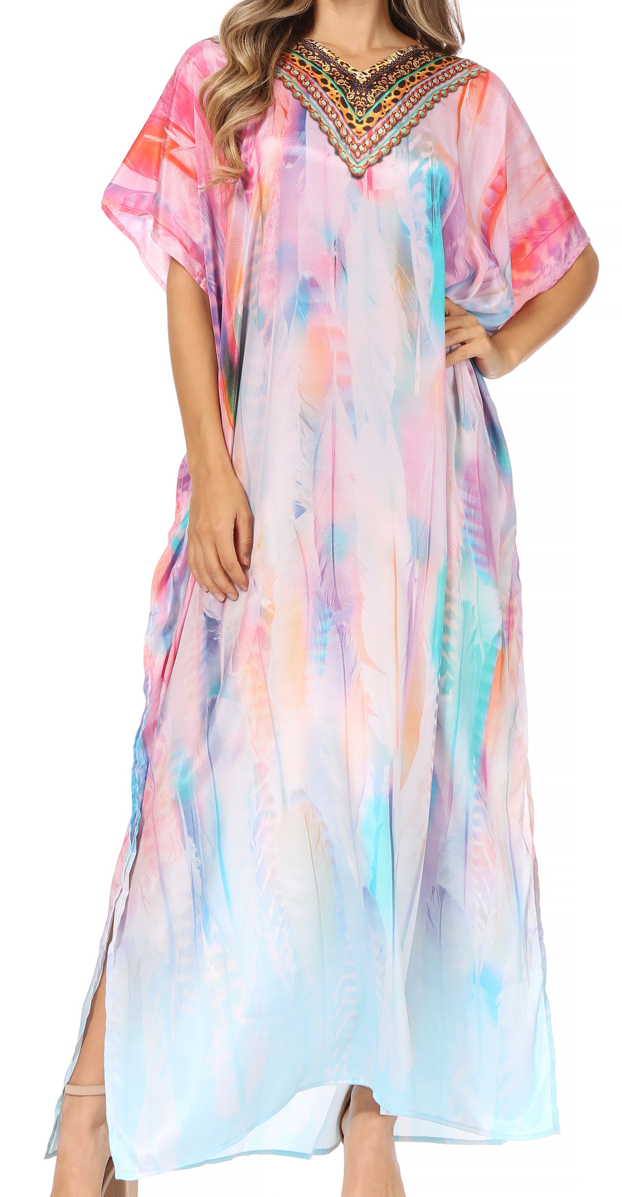 Woman wearing a colorful dress with a patterned neckline on a white background