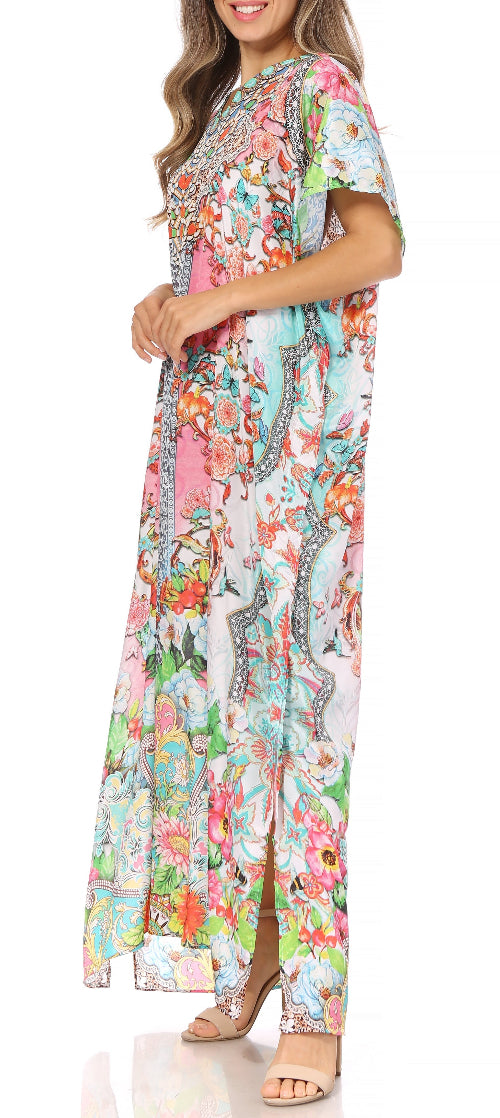 Woman wearing a colorful floral dress on a white background