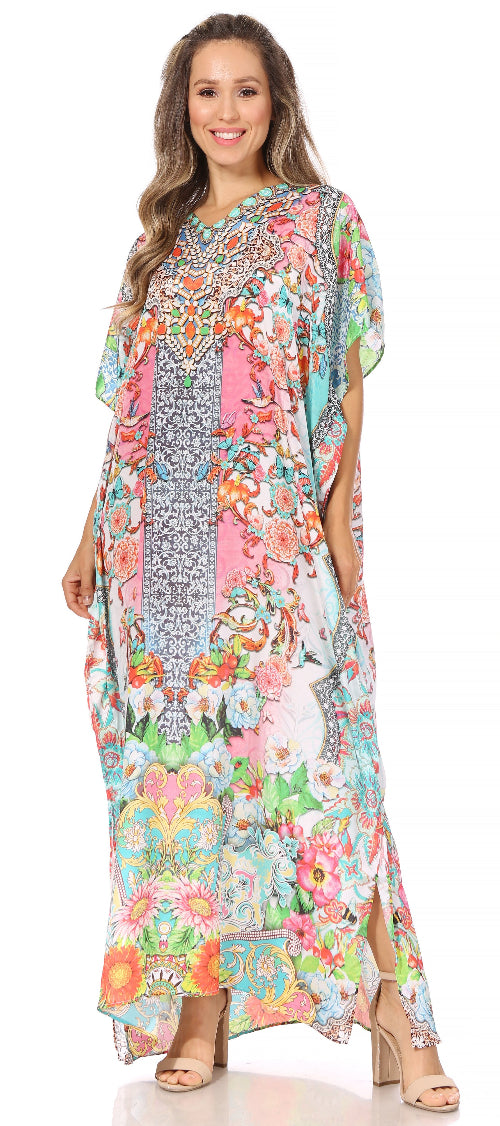 Woman wearing a colorful floral dress on a white background