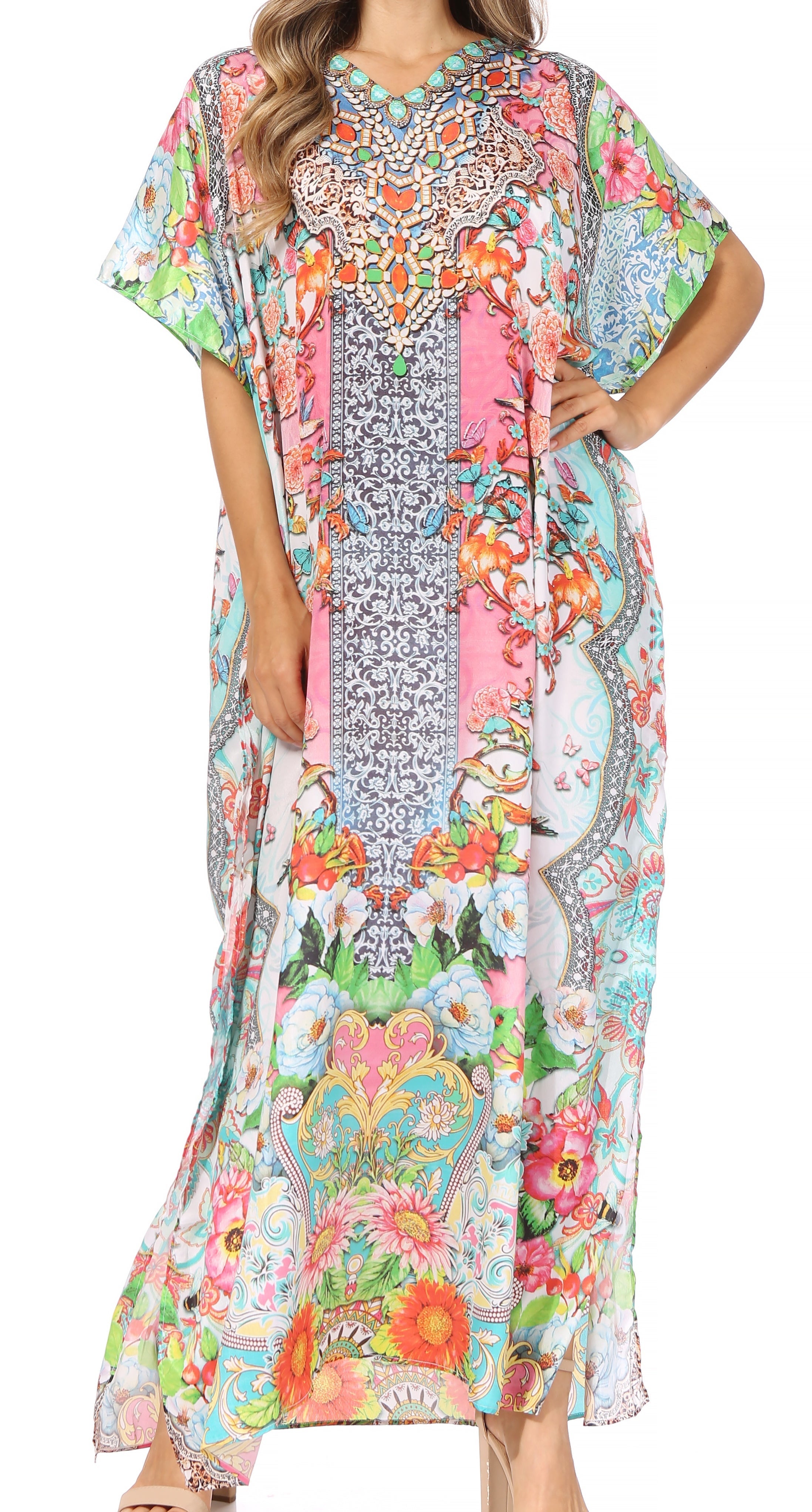 Colorful patterned dress with a long, flowing design on a white background