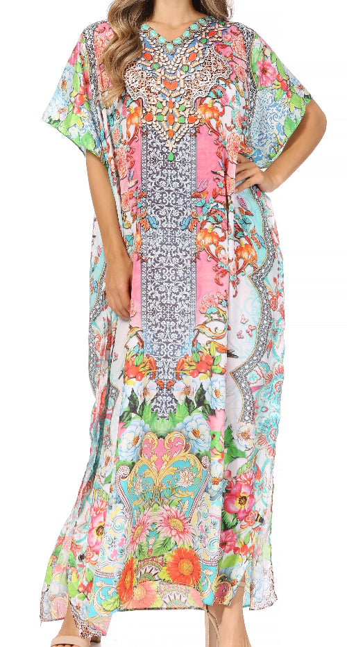 Colorful patterned dress with a long, flowing design on a white background