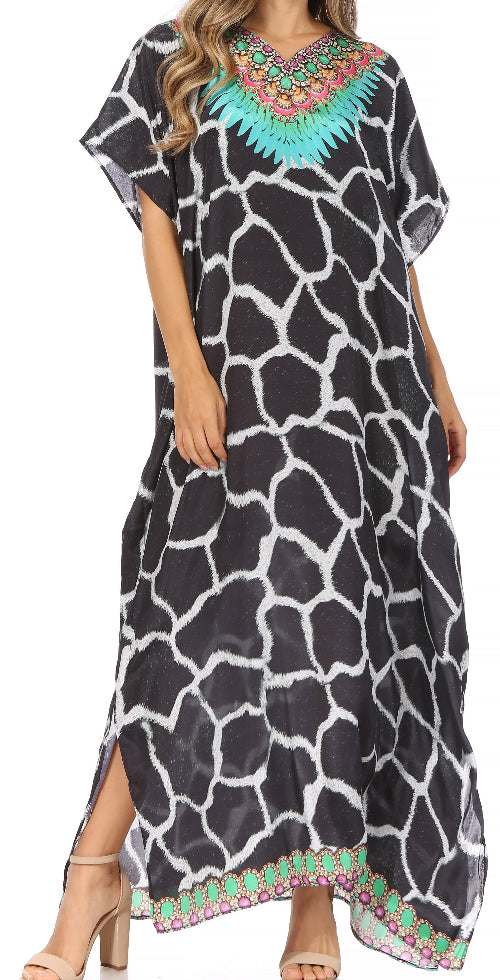 Giraffe patterned dress with colorful embroidery on a white background