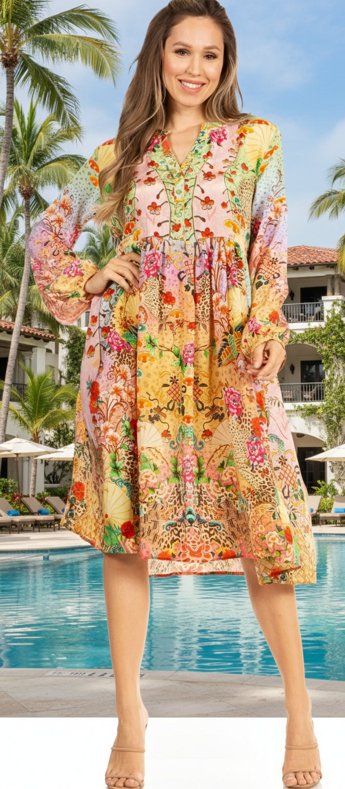 Woman wearing a colorful floral dress on a white background