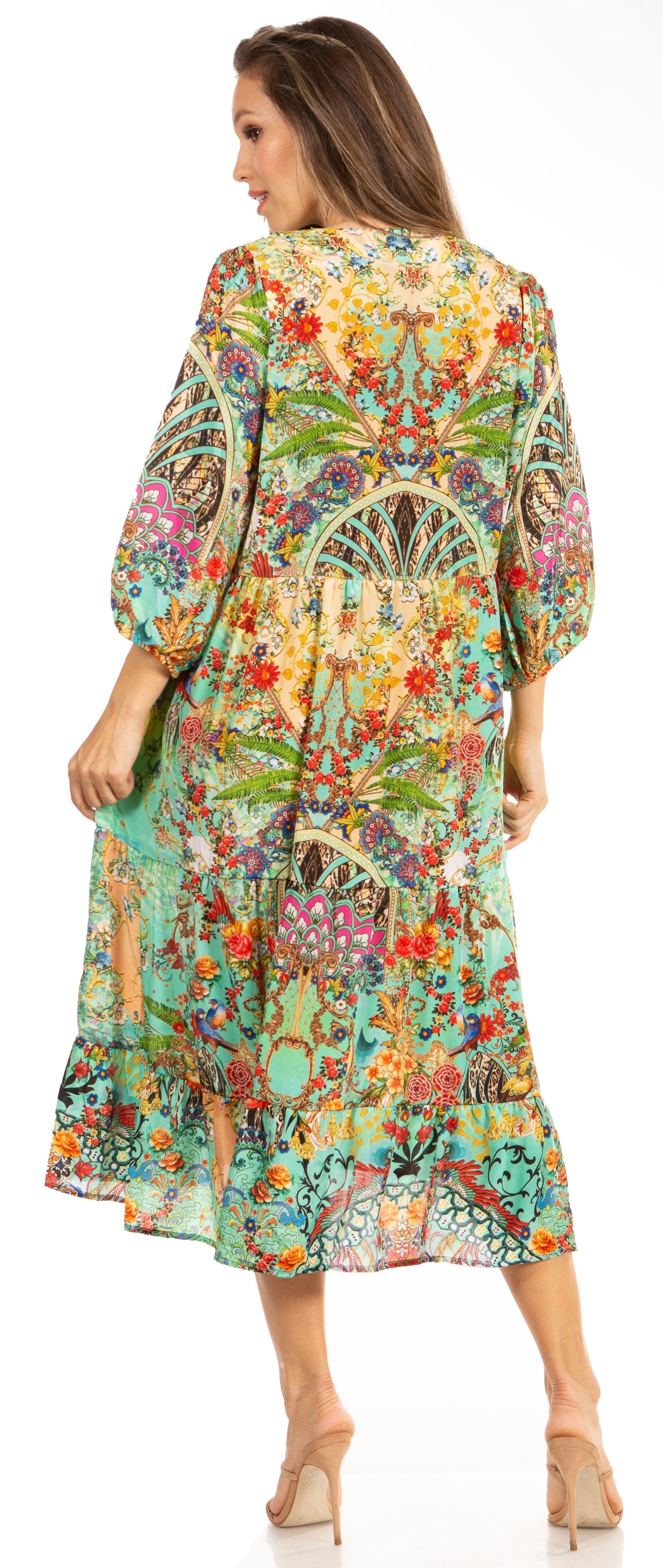 Woman wearing a colorful floral dress on a white background