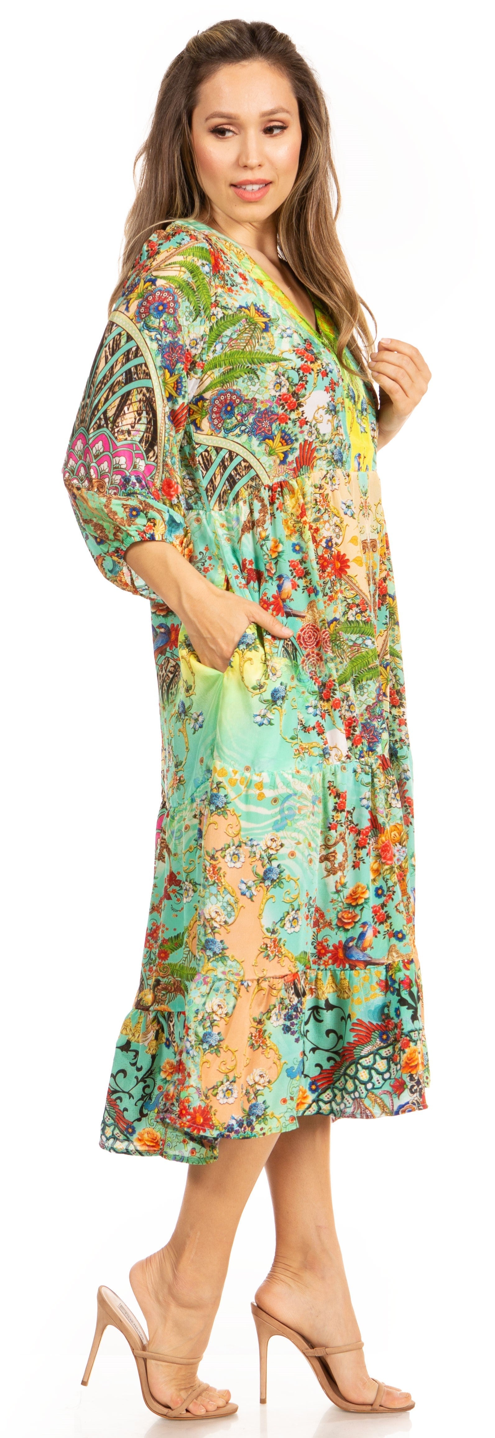 Woman wearing a colorful patterned dress on a white background