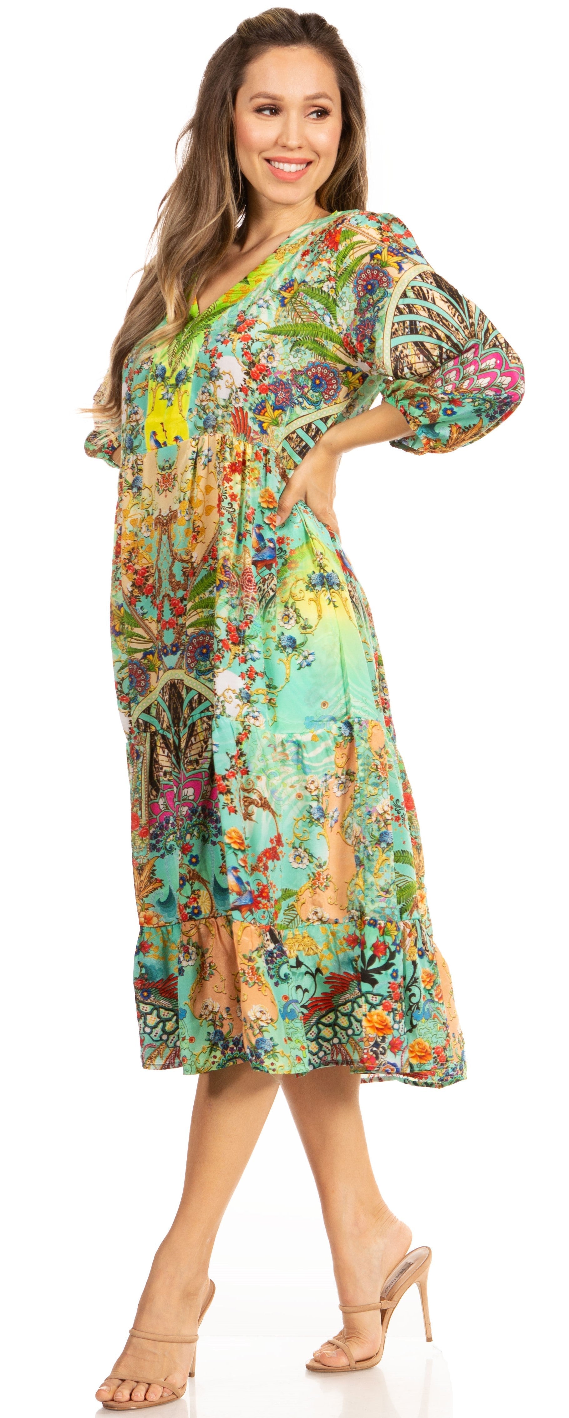 Woman wearing a colorful floral dress on a white background
