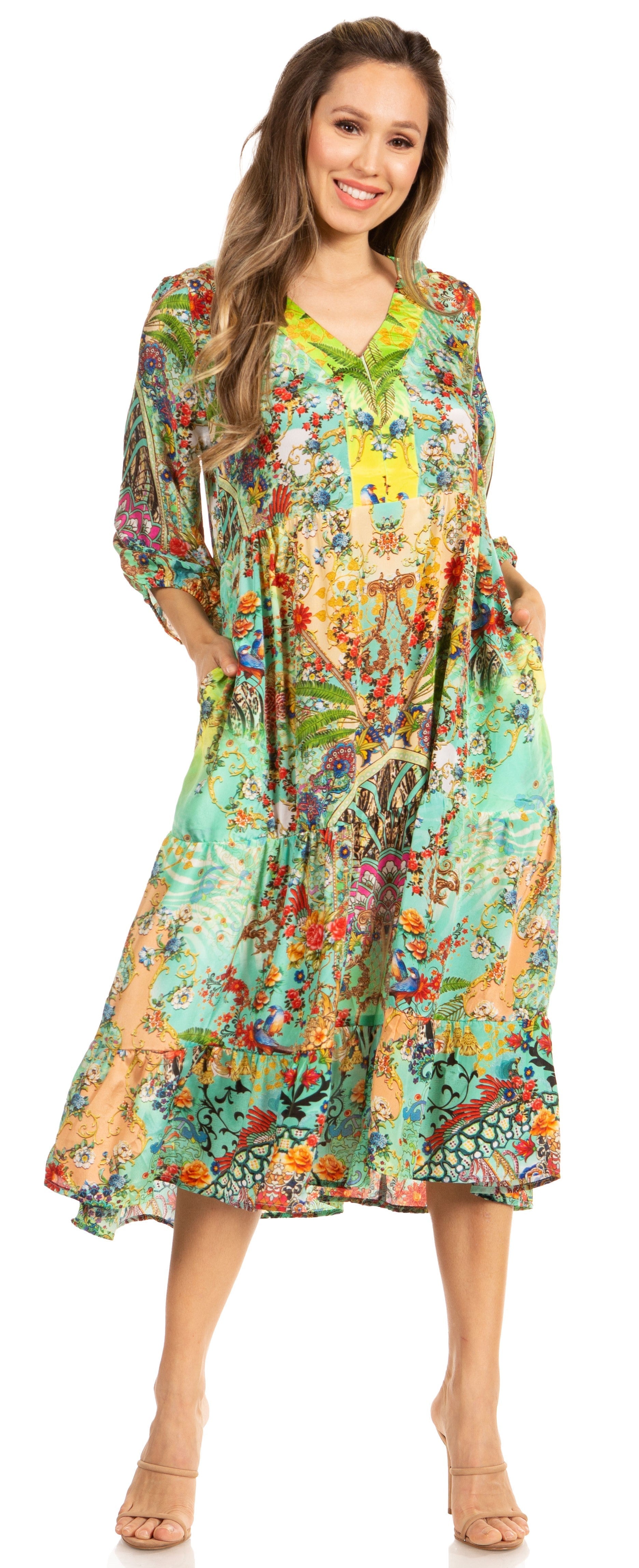 Woman wearing a colorful floral dress on a white background