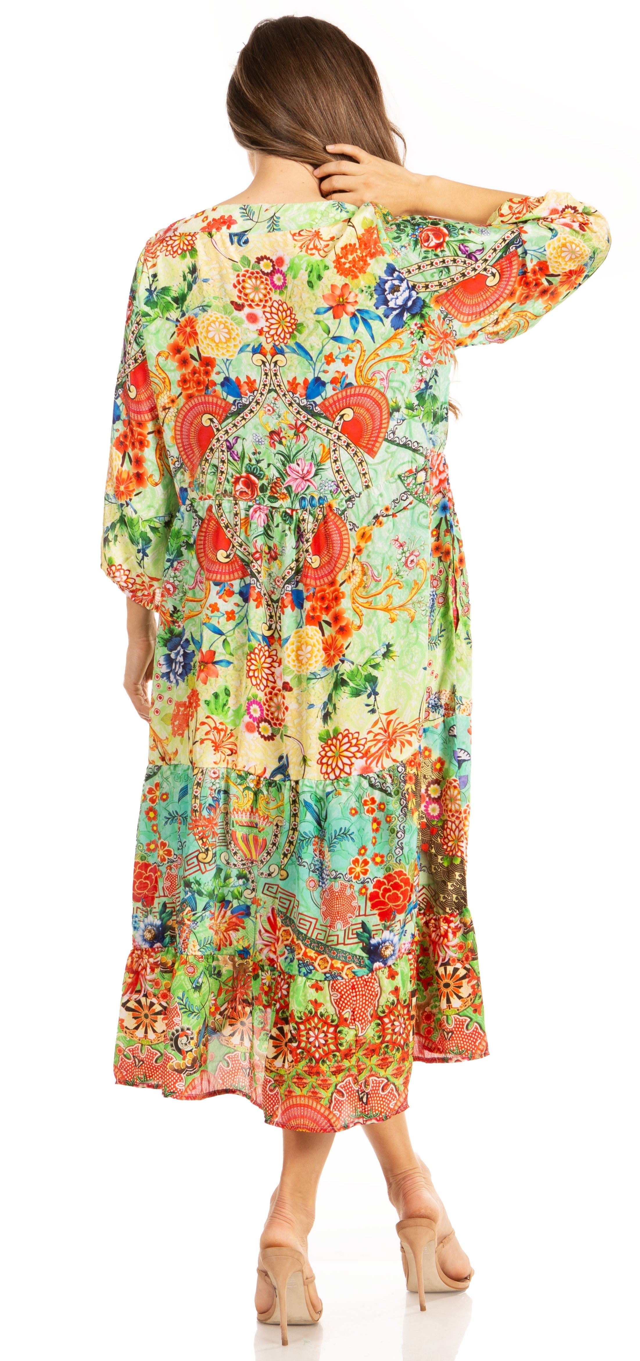 Woman wearing a colorful floral dress on a white background