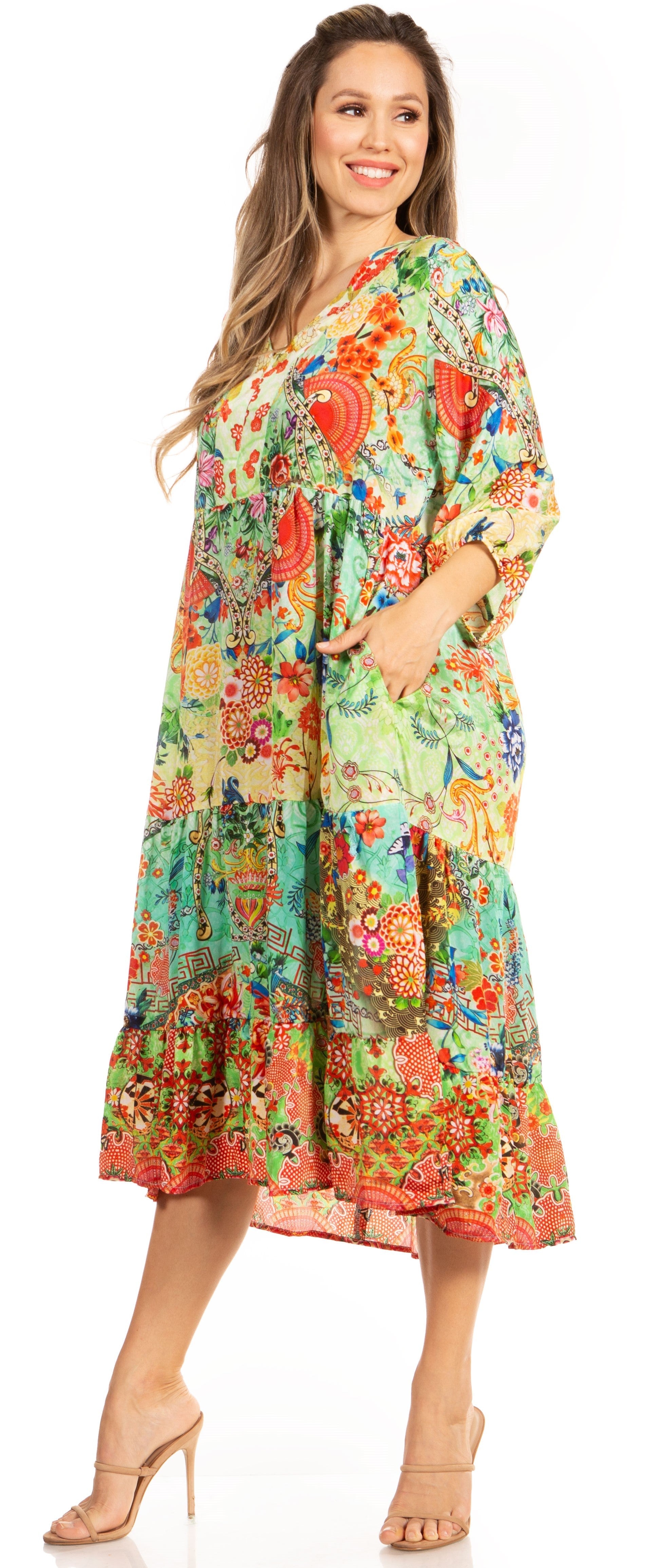 Woman wearing a colorful floral dress on a white background