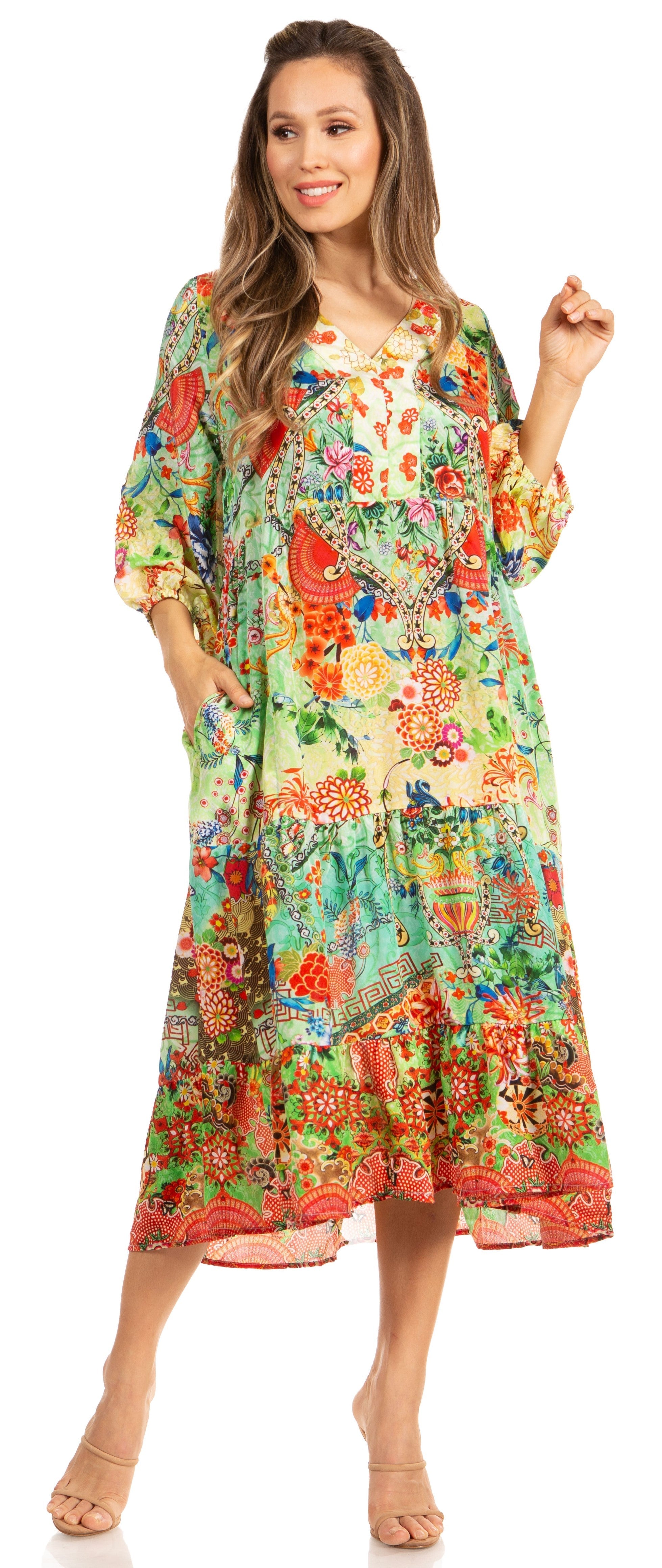 Woman wearing a colorful floral dress on a white background
