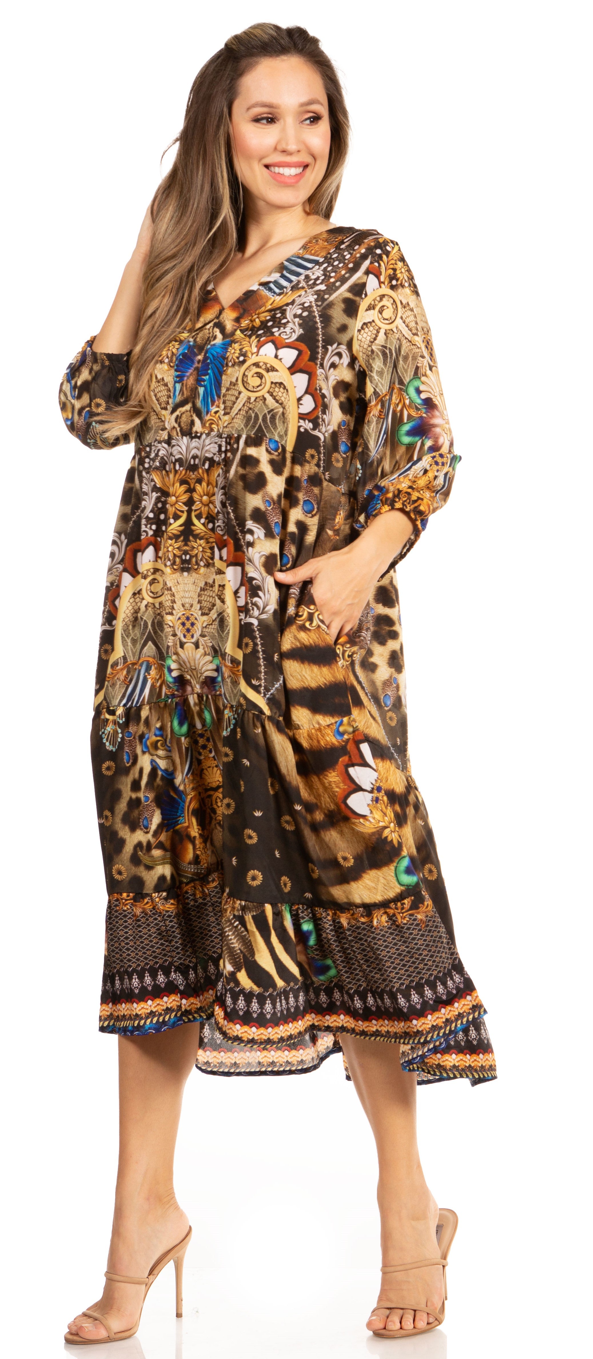 Woman wearing a patterned dress on a white background